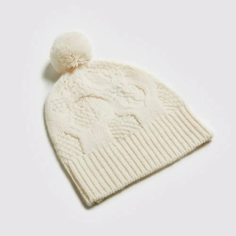 JOIE Pom Pom Cable Knit Beanie Hat